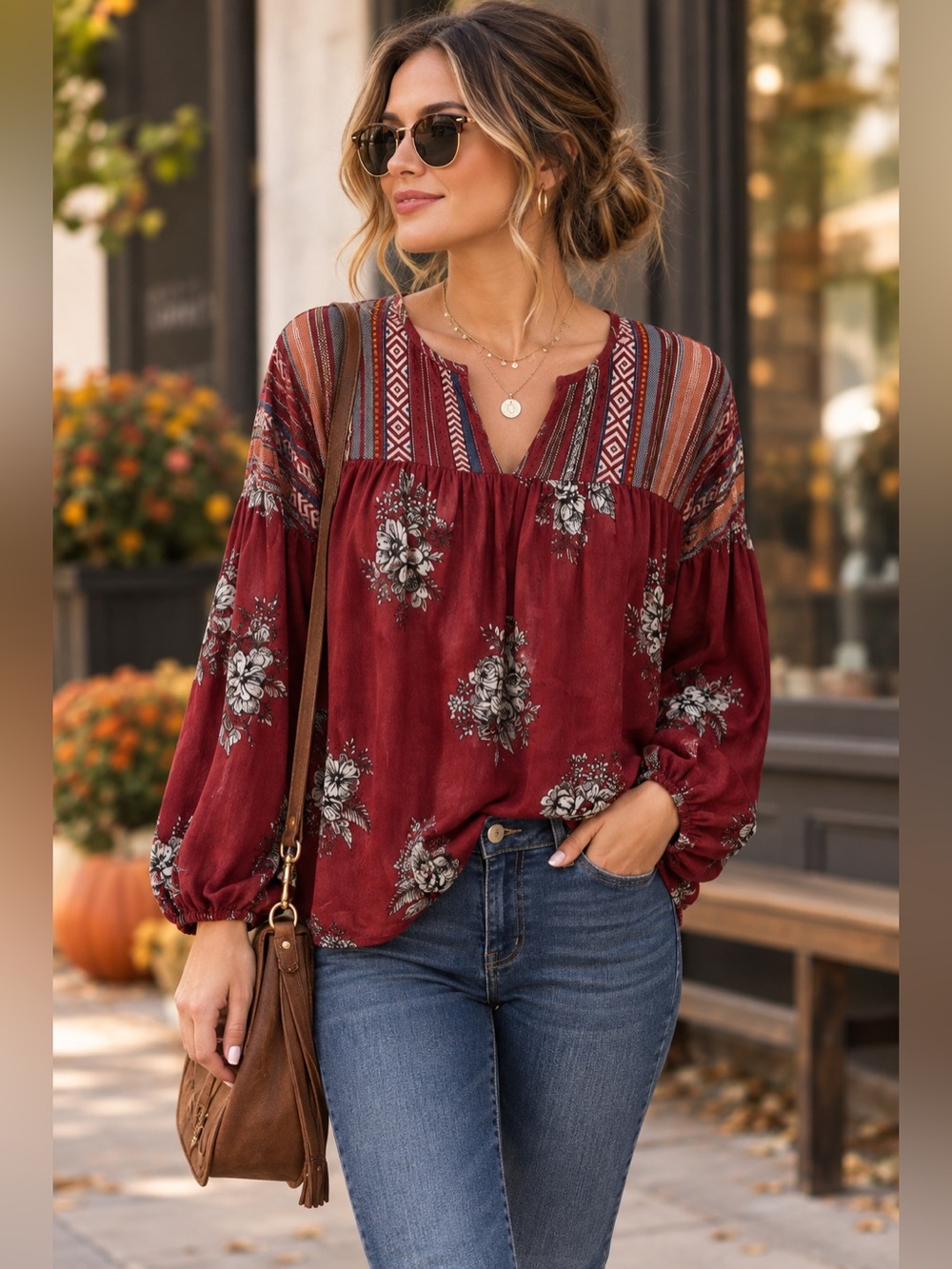 Peasant Blouse Multicoloured Bohemian Southwestern Aztec-Style Blouse Size L